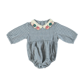 BEBE ORGANIC RHEA EMBROIDERED FLOWERS ON COLLAR CHECKED ROMPER